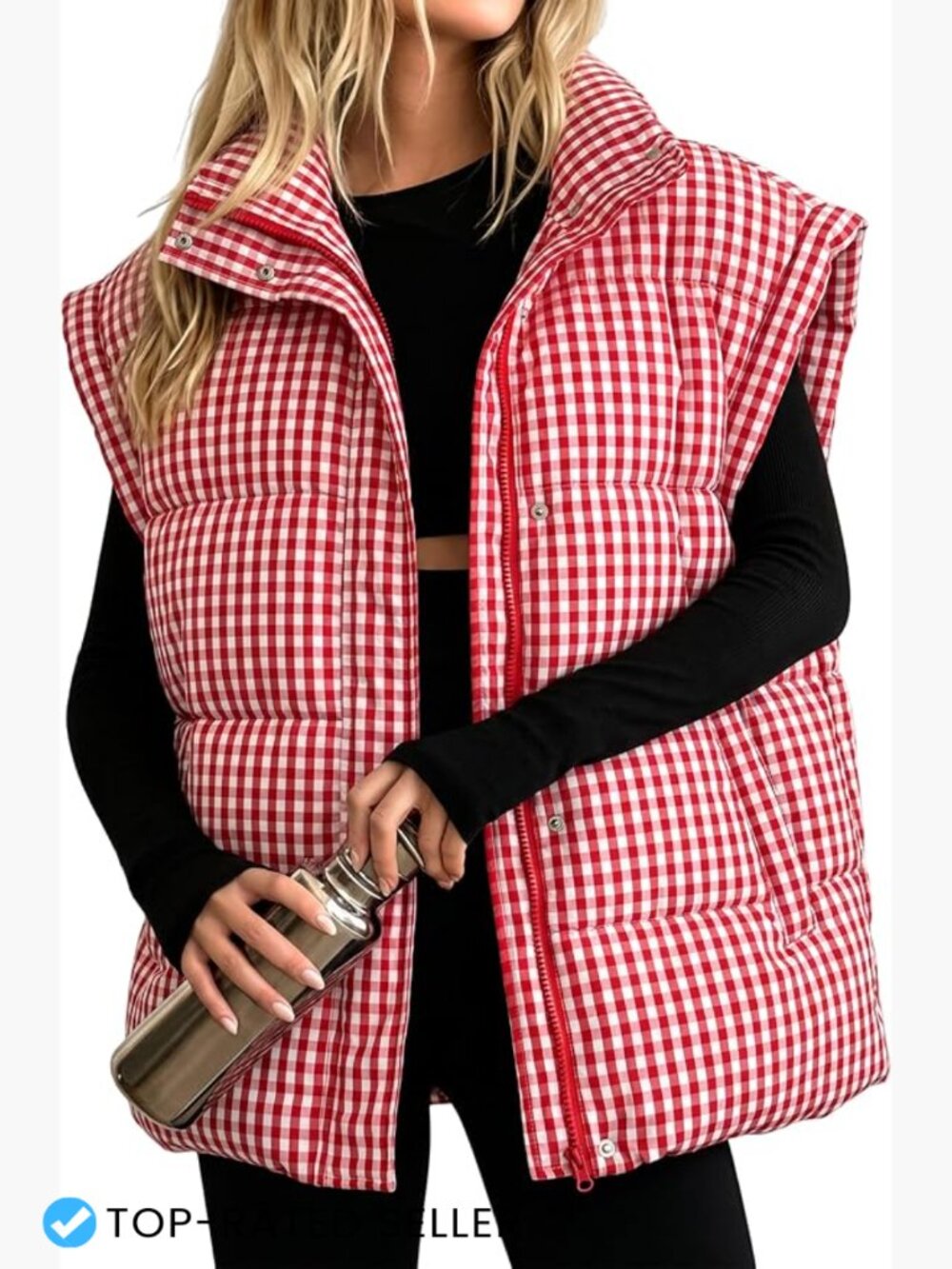 Oversized Gingham Puffer Vest Sleeveless Quilted Zip Up Layering Jacket Chic